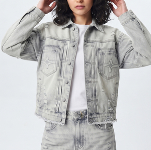 Women's Light Wash <b>Denim</b> Set <b>Jacket</b> And Baggy Jeans Long Sleeve Distressed Button Down Tracksuit Women - Product Image 6