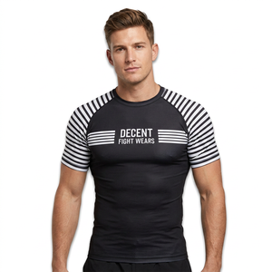 Decent Fight Wears Men's Short Sleeve Rash Guard <b>Compression</b> <b>Shirt</b> <b>Black</b> White Striped Quick Dry Workout Top - Product Image 1