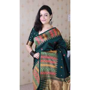 Sari de Seda Suave Verde Botella Elite Weaves con Bordado Meenakari y Zari, con Borde de Templo, Vestidos Elegantes de Noche, 650g - Product Image 3