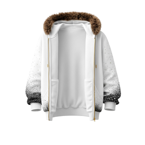 Sweat à capuche zippé pour homme, blanc, personnalisé avec strass, capuche en fourrure, polaire d'hiver, streetwear, avec motif moucheté dégradé - Product Image 2