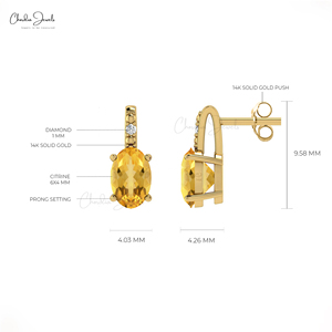 Boucles d'oreilles en Citrine Naturelle en Gros, Clous de 6x4mm à Coupe Ovale avec Diamants en Or Massif 14 carats, Fermoirs à Poussoir, Bijoux Personnalisés - Product Image 3