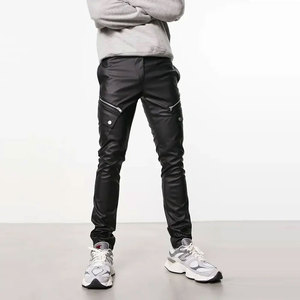 Men's <b>Black</b> Leather Straight Fit Lightweight Breathable Moto <b>Pants</b> Side Zip Pockets Elastic Waist Street Style Winter Wear 2027 - Product Image 4