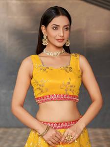 <b>Yellow</b> Floral Georgette Floor-Length Indian Pakistani Set Lehenga Choli Dupatta Net <b>Dress</b> for Wedding Party - Product Image 2