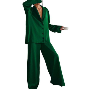Ensemble de pyjama en satin de soie pour femme, manches longues, col cranté, couleur unie, vêtements de nuit de luxe, pantalon taille haute - Product Image 2
