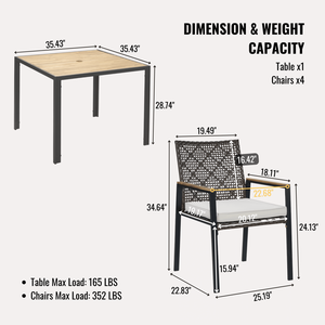 Set da Giardino in Legno di Acacia e Rattan a 5 Pezzi per Tutte le Stagioni, Tavolo da Pranzo con Foro per Ombrellone, Set da Conversazione per Esterni - Product Image 3