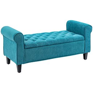 Panca ottomana imbottita con bottoni, colore verde acqua, da 50 pollici, con gambe in legno e braccioli arrotolati, con contenitore per il fondo del letto - Product Image 1
