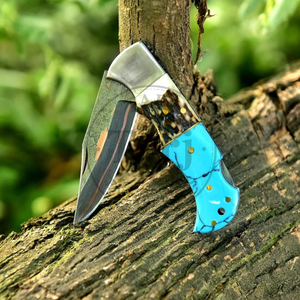 Couteau de poche artisanal en acier Damas Cooper, manche en résine de cerf, lame à pointe tombante, qualité industrielle, couteau pliant de survie pour le camping - Product Image 6