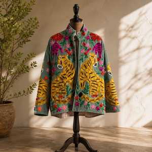 Exceptional Artistry Tiger Embroidered <b>Velvet</b> Jacket Suzani Boho <b>Coat</b> Truly Special Handmade <b>Women</b> Statement Outerwear - Product Image 6
