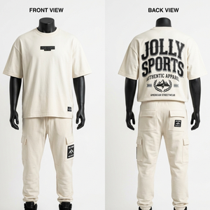 ชุดเสื้อยืดและกางเกงผู้ชายสีม่วงผ้าฝ้ายเฟรนช์เทอร์รี่ 280GSM พิมพ์ลายพัฟพร้อมโลโก้สั่งทำ สไตล์สตรีทแวร์ทรงคาร์โก้ เสื้อยืดและกางเกงทรงหลวมสำหรับผู้ชาย - Product Image 3