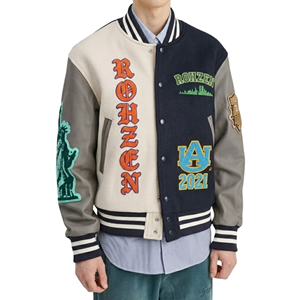 Rohzen <b>Men's</b> Vintage Varsity <b>Jacket</b> Embroidered Patch Design PU Leather Sleeve Turn-down Collar Autumn Casual Wear - Product Image 4