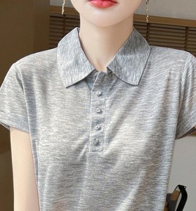 T-shirt décontracté d'été pour femme en maille Oxford unie avec col, manches courtes, anti-plis et séchage rapide - Product Image 4