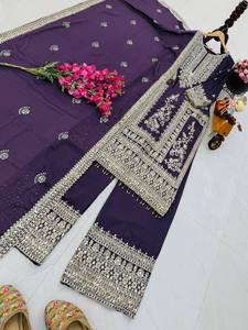 Elegante Salwar Kameez de Seda Morada con Bordado Plateado, Sin Arrugas, Elástico, para Bodas, Fiestas, Ropa Tradicional para Mujeres de la India - Product Image 4