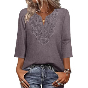 Blusa bohemia con cuello en V para mujer, blusa bordada con manga tres cuartos, Top de algodón holgado, ropa informal para primavera y verano - Product Image 1