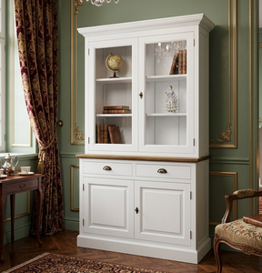 Modern Eco-Friendly Durable Dominic Cabinet Premium Solid Pine Wood 4-Door <b>Sideboard</b> Glass Display Shelves Contemporary Room - Product Image 1