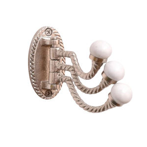 Porte-manteau mural de luxe en métal à bras articulé avec embouts en céramique blanche, triple crochet pivotant pour salle de bain et chambre à coucher - Product Image 1