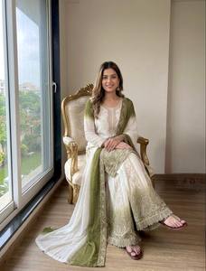 Gradient Purple White Indian Pakistani Top Embroidered Salwar Kameez Set with <b>Shawl</b> for Party <b>Wedding</b> - Product Image 3