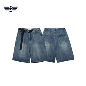 Shorts en jean taille haute pour homme, coupe large, décontracté, été, en coton tricoté, délavé foncé, respirant, déchiré, avec ceinture, style streetwear - Product Image 3