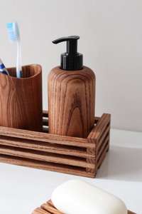 Custom Wooden Bathroom Set | Three-Piece Rectangle Minimalist Soap Dish | Toothbrush Holder <b>Pump</b> Bottle Soap Dish By UO INDIA - Product Image 4