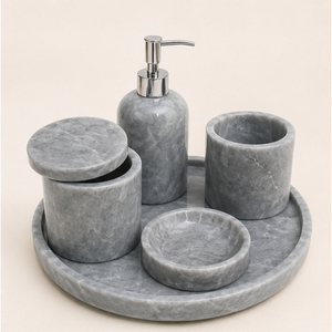 Ensemble d'accessoires de salle de bain en marbre gris naturel, 5 pièces, organisateur de vanité en pierre artisanal avec pompe en acier inoxydable pour hôtel - Product Image 5