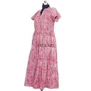 เดรสทรงเอลายดอกไม้หวานๆ สไตล์มิดิสำหรับผู้หญิง คอวี แขนสั้น มีเชือกผูกเอว นำเข้าจากอินเดีย กำลังเป็นที่นิยม - Product Image 6