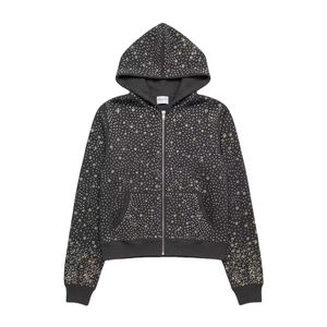 Prix d'usine – Nouvelle veste à capuche zippée oversize en molleton de coton mélangé avec strass sur toute la surface, personnalisable avec logo, pour homme – Collection Hiver Glamour - Product Image 3