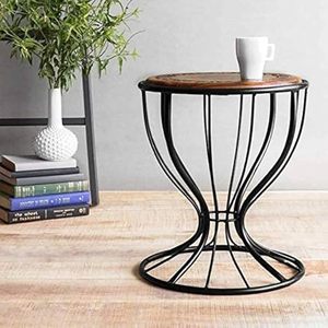 Table d'appoint ronde moderne en bois et fer, finition vieillie, structure métallique, auto-adhésive, durable, pour salon et chambre à coucher - Product Image 3
