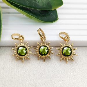 Colgante Redondo de Ágata Musgosa con Forma de Sol, Chapado en Oro, Engastado en Collet, Joyería de Ágata Musgosa Natural, Gema Redonda de 6mm, Amuleto de Sol - Product Image 2