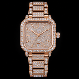 Montre-bracelet de luxe en acier inoxydable avec diamant moissanite carré or rose, collection de bijoux de mode hip-hop haut de gamme G - Product Image 1