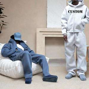 เสื้อฮู้ดดี้ทรงบ็อกซี่ผ้าคอตตอน 100% หนานุ่ม พิมพ์โลโก้ได้ตามต้องการ พร้อมกางเกงวอร์มขายาวทรงโอเวอร์ไซส์ ชุดเซ็ตแทรคสูทสำหรับผู้ชาย - Product Image 1