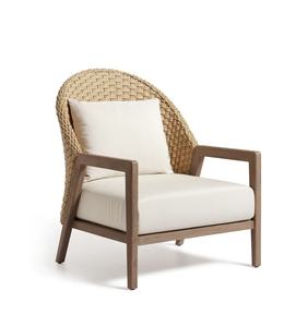 Fauteuil moderne en teck massif avec rotin synthétique et coussin pour usage extérieur, villa et hôtel - Product Image 2