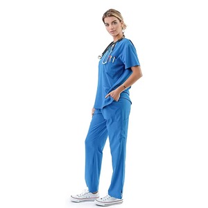 Women's Blue <b>Scrub</b> Set Short Sleeve V-Neck Top With Pockets Hospital Uniform Woven Cotton Polyester Blend - Product Image 1