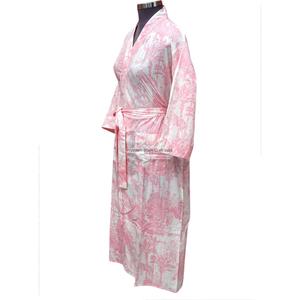Women Pink Floral Printed Cotton Robe Long Sleeve V-Neck Full Length Casual Wear Soft Knitted Fabric <b>Belt</b> Closure Mahinewash - Product Image 2