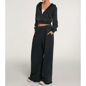 Ensemble de survêtement noir à capuche pour femme, sweat-shirt à fermeture éclair à manches longues et pantalon avec poches latérales, coupe ample, design uni, décontracté, automne - Product Image 5