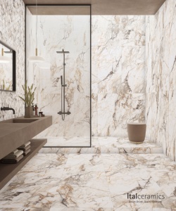 Carreaux carrés en porcelaine aspect marbre doré Pisa - Carreaux de sol et de mur pour salle de bain et salon, pour usage en supermarché - Product Image 1