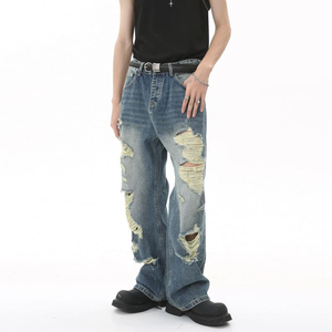 Jeans baggy streetwear hip-hop personnalisés pour hommes 2025, jeans délavés et jeans droits amples déchirés pour hommes - Product Image 1