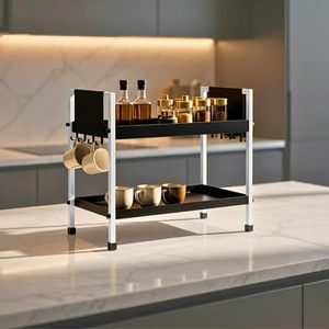 Estante de Almacenamiento Metálico de Dos Niveles con Ganchos para Tazas y Frascos de Especias para la Organización de la Encimera de la Cocina, Diseño Minimalista, Tipo Vertical - Product Image 1