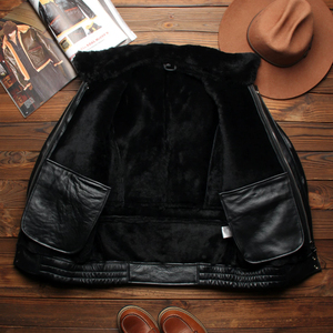 Abrigo de Piel de Oveja Genuina Negra para Hombre con Cuello de Piel y Cremallera, Abrigo de Invierno - Product Image 3