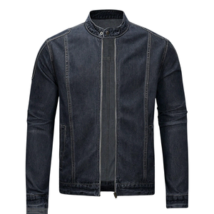 Veste en jean pour homme 100 % coton, délavage foncé, col montant, fermeture éclair sur le devant, coupe droite, décontractée, style motard, manches longues, respirante, séchage rapide - Product Image 1