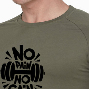 Men's Olive Green Short Sleeve T-Shirt With <b>No</b> Pain <b>No</b> Gain Dumbbell Print O-Neck Casual Slim Fit Jersey Cotton - Product Image 3