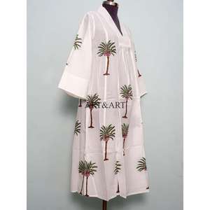 Vestido Midi de Algodón Blanco Hecho a Mano para Mujer, Estilo Boho, Corte Holgado, Estampado a Bloque Ecológico, Informal, para Vacaciones - Product Image 5