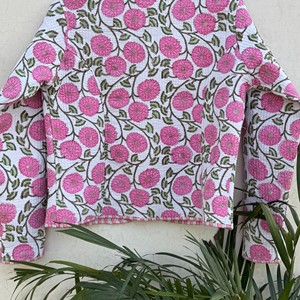 Veste matelassée à imprimé floral rose, col en V, manches trois quarts, en coton, vêtement d'extérieur pour le printemps, manteau pour femme - Product Image 5