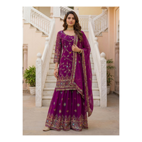 Ensemble Kurti Sharara en Faux Georgette Brodé de Fils, Paillettes et Zari avec Dupatta – Tenue Ethnique pour Mariage, Fêtes et Cérémonies pour Femmes