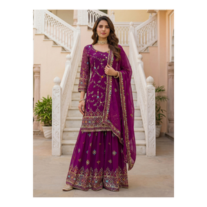 Kurti de georgette sintético con bordado de hilo, lentejuelas y zari, conjunto Sharara con dupatta, ropa étnica para bodas, fiestas y celebraciones para damas. - Product Image 2