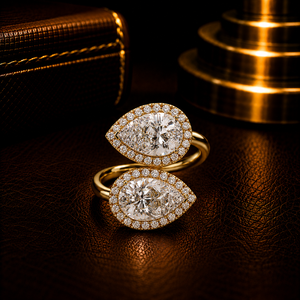Anillo de compromiso Toi Et Moi con diamante cultivado en laboratorio de corte doble pera, certificado IGI, 3.00CT, banda halo cruzada, oro puro de 14K, anillos de lujo - Product Image 1