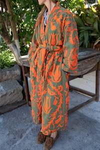 Long Eco-Friendly Floral Embroidered Printed <b>Quilted</b> <b>Jacket</b> Orange <b>Pattern</b> Full Sleeve Women's Autumn Wear Woven Polyester - Product Image 3