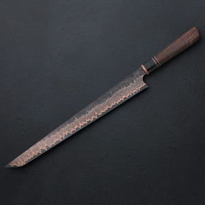 SCL: Hand Made Premium Copper Damascus <b>Slicing</b> Knife With Extended Blade And Comfortable <b>Wooden</b> Grip For Precise Kitchen Cutting - Product Image 1