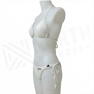 White Crocheted <b>Bikini</b> <b>Set</b> Women 2 Piece Halter Tie Side Swimwear Handmade Cotton Bamboo Fiber Solid Pattern - Product Image 3
