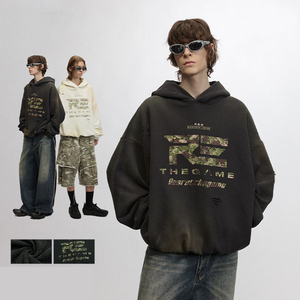 เสื้อฮู้ดโอเวอร์ไซส์สีดำสำหรับผู้ชาย ผ้าฝ้ายเฟรนช์เทอร์รี่ สวมใส่สบาย พิมพ์ลายพรางด้านหน้า เหมาะสำหรับใส่ในฤดูใบไม้ร่วง - Product Image 3