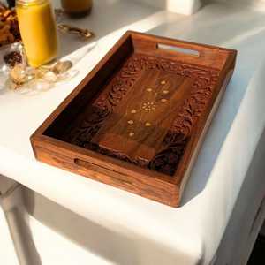 ถาดเสิร์ฟไม้ทำมือ ถาดตกแต่งลายดอกไม้ ถาดจัดระเบียบในครัวไม้ ถาดเสิร์ฟไม้ทรงสี่เหลี่ยม - Product Image 4