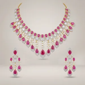 Parure de bijoux de luxe plaqué or rubis avec collier et boucles d'oreilles, sertis de zircone cubique taille marquise et princesse, style classique indien pour mariée - Product Image 1